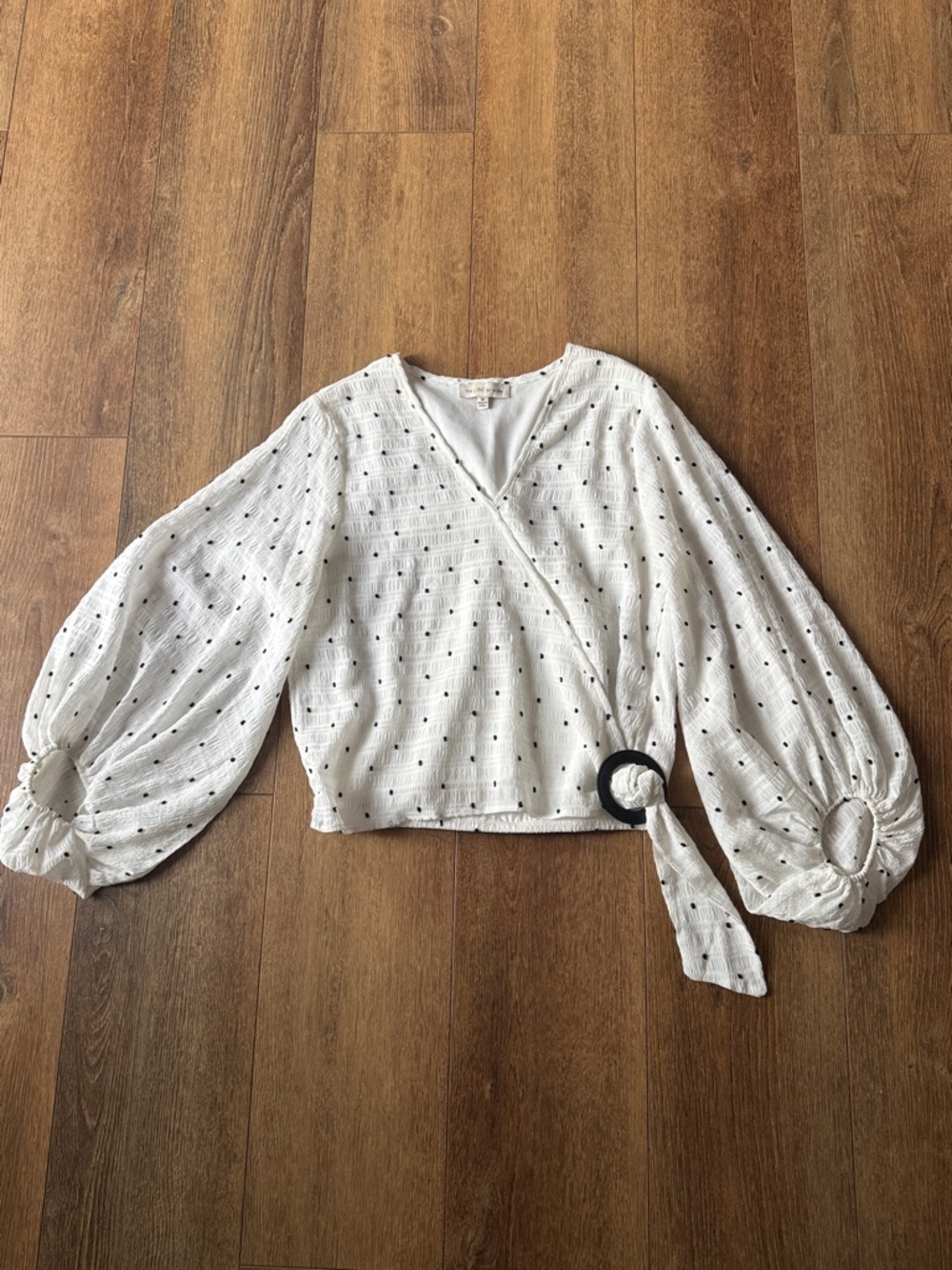 The LINE of style White Polka Dot Wrap Blouse with Balloon Sleeves Size M